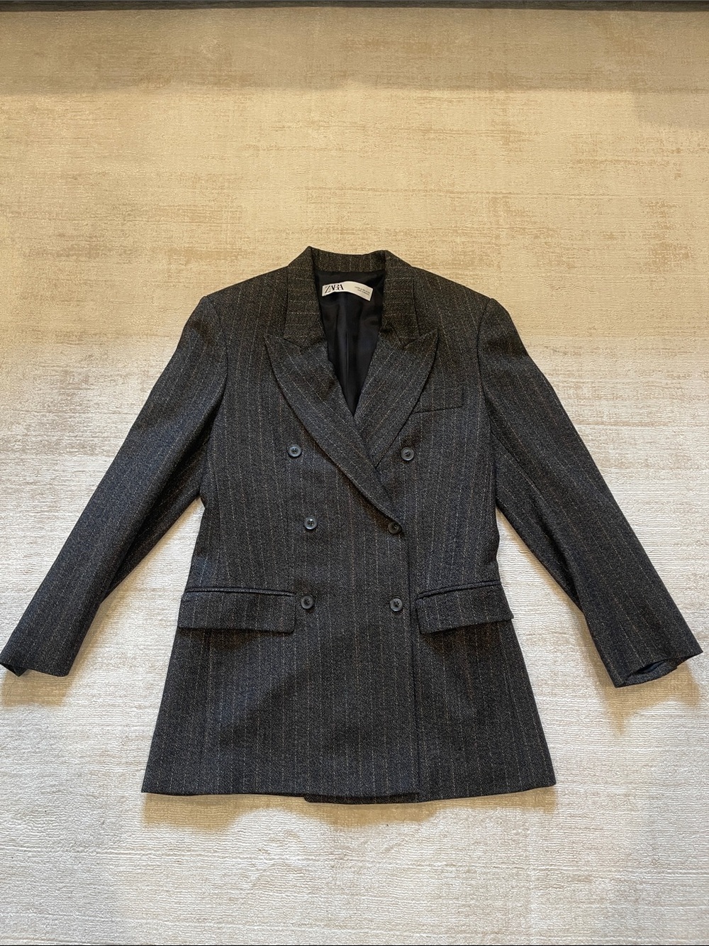 Zara Dark Gray Pinstripe Double-Breasted Blazer